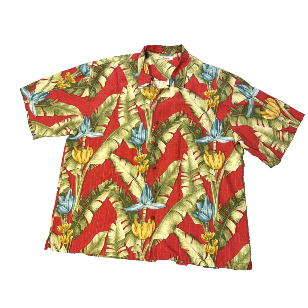 Tommy Bahama Mens Hawaiian Silk Shirt XL Leaves Red Green 100% Silk Short Sleeve